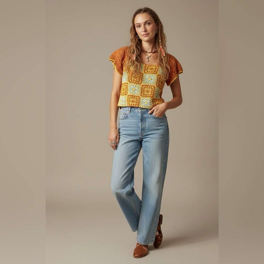 CIRCUS NY Crochet Patchwork Orange Boho Top Womens L Knit Hippie Festival Granny